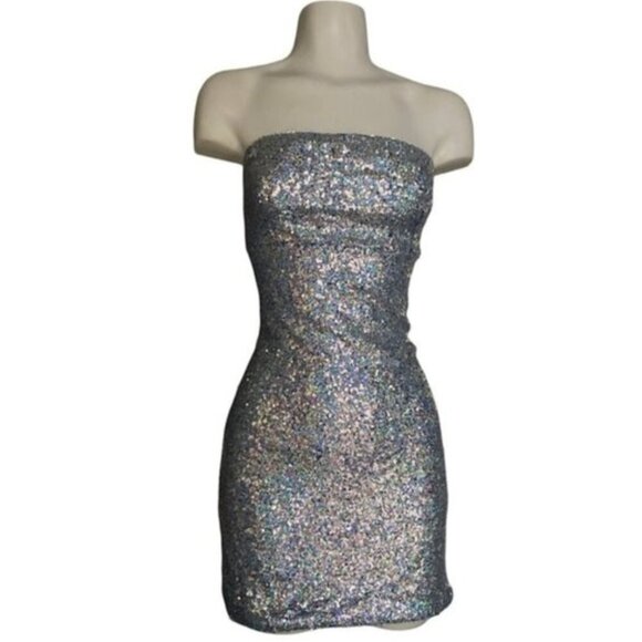 Strapless sequin mini dress blue medium - Picture 2 of 6